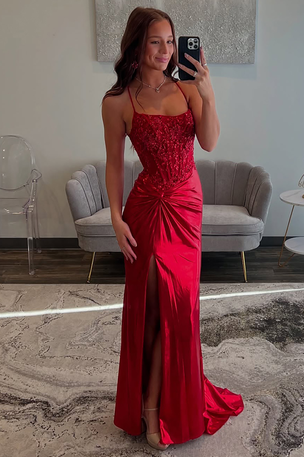 Glitter Red Ruched Satin Long Prom Dress with Slit