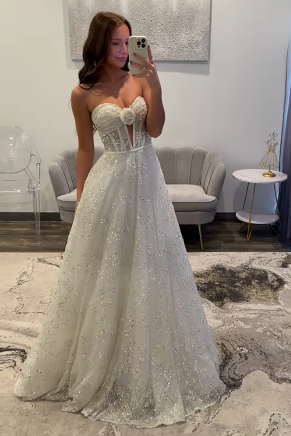 Glitter White Sweetheart A Line Long Corset Prom Dress
