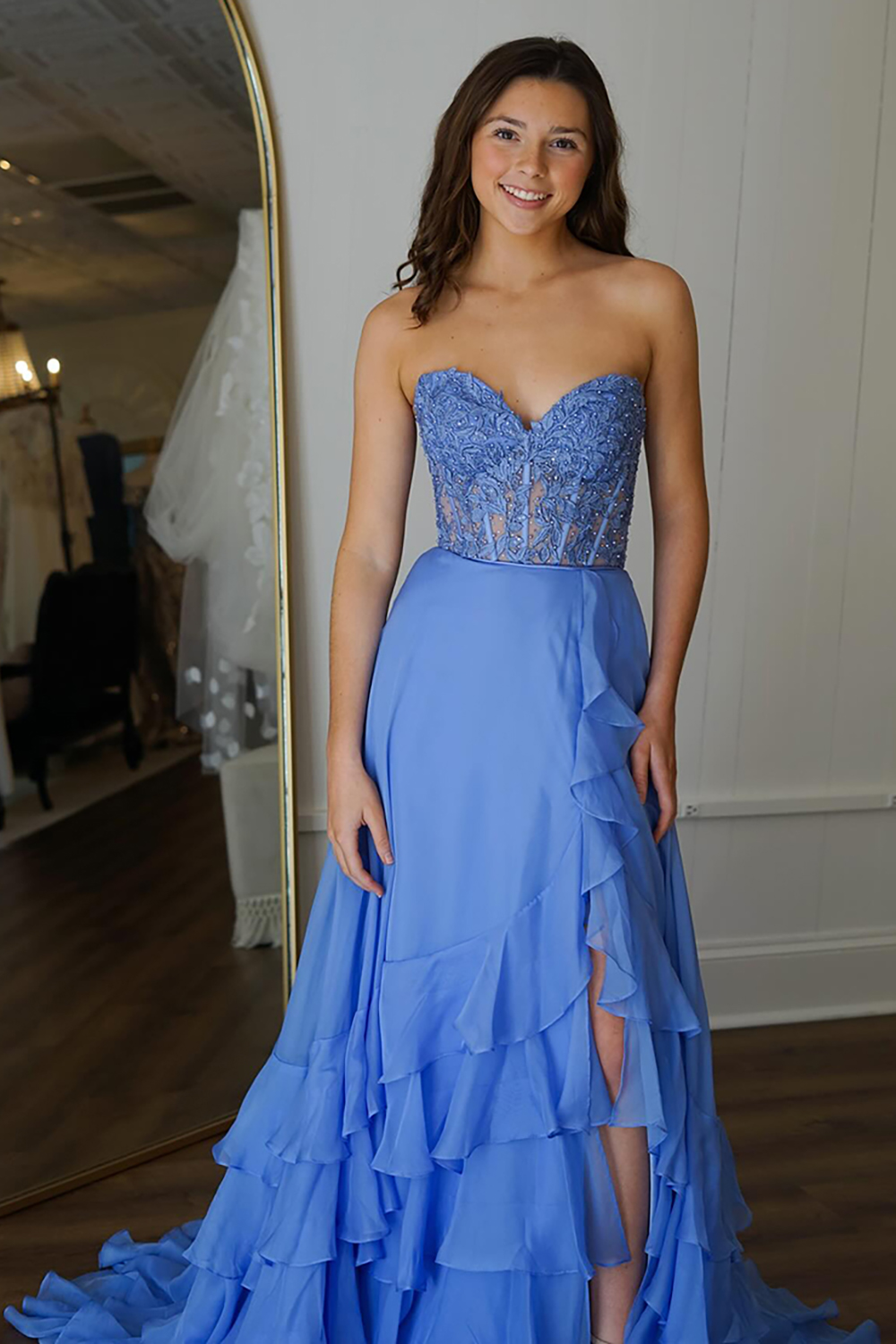Blue A Line Tiered Appliqued Long Prom Dress with Slit