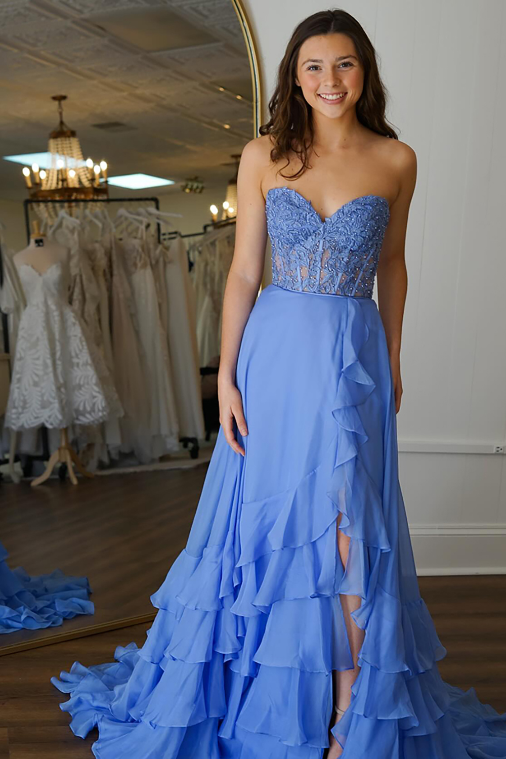 Blue A Line Tiered Appliqued Long Prom Dress with Slit