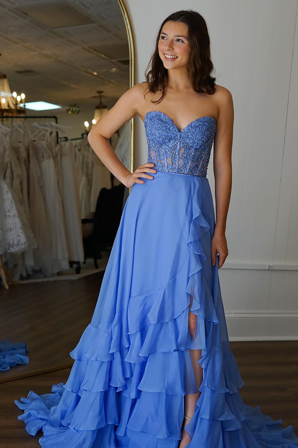 Blue A Line Tiered Appliqued Long Prom Dress with Slit