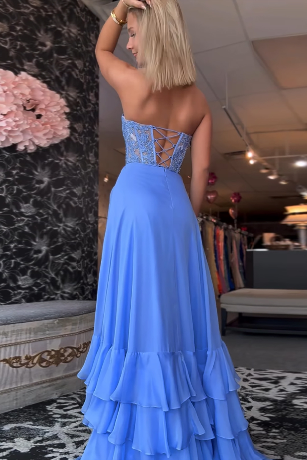 Blue Corset Tiered Chiffon Long Prom Dress with Slit