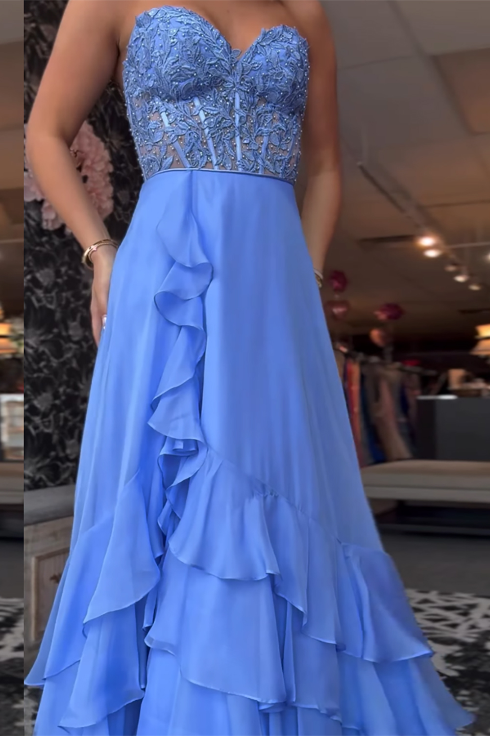 Blue Corset Tiered Chiffon Long Prom Dress with Slit