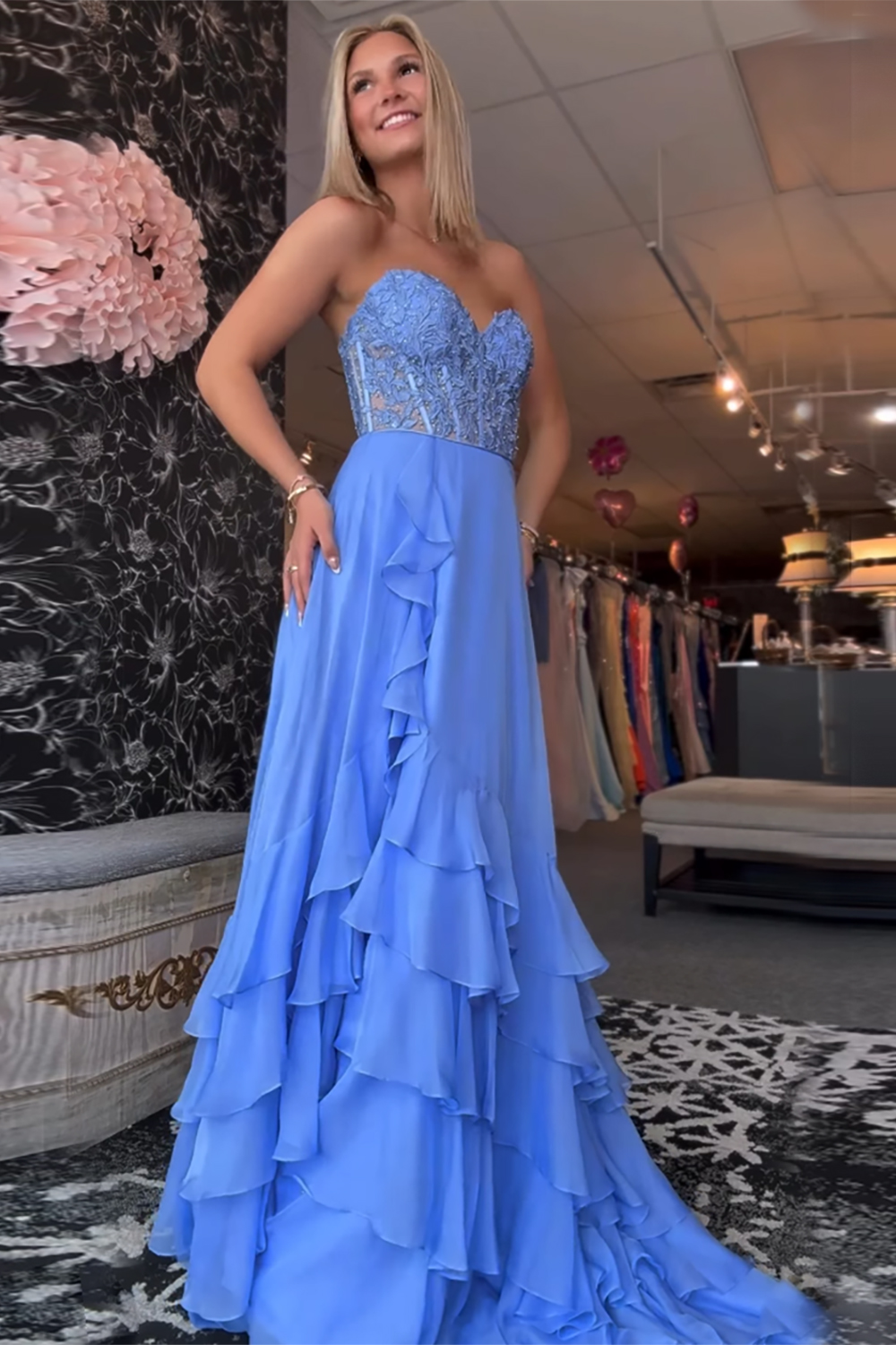 Blue Corset Tiered Chiffon Long Prom Dress with Slit