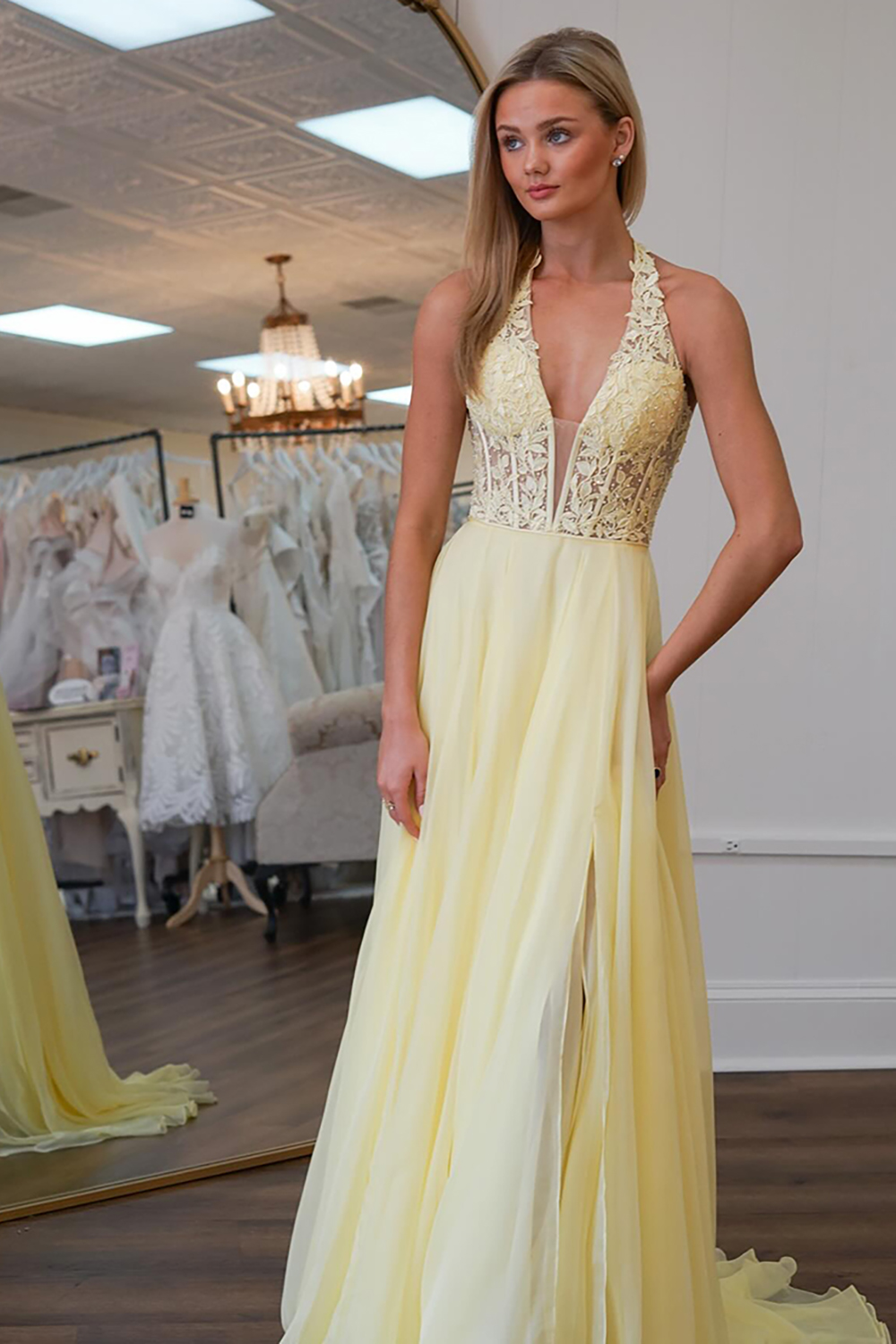 Yellow Appliqued A Line Chiffon Long Prom Dress with Slit