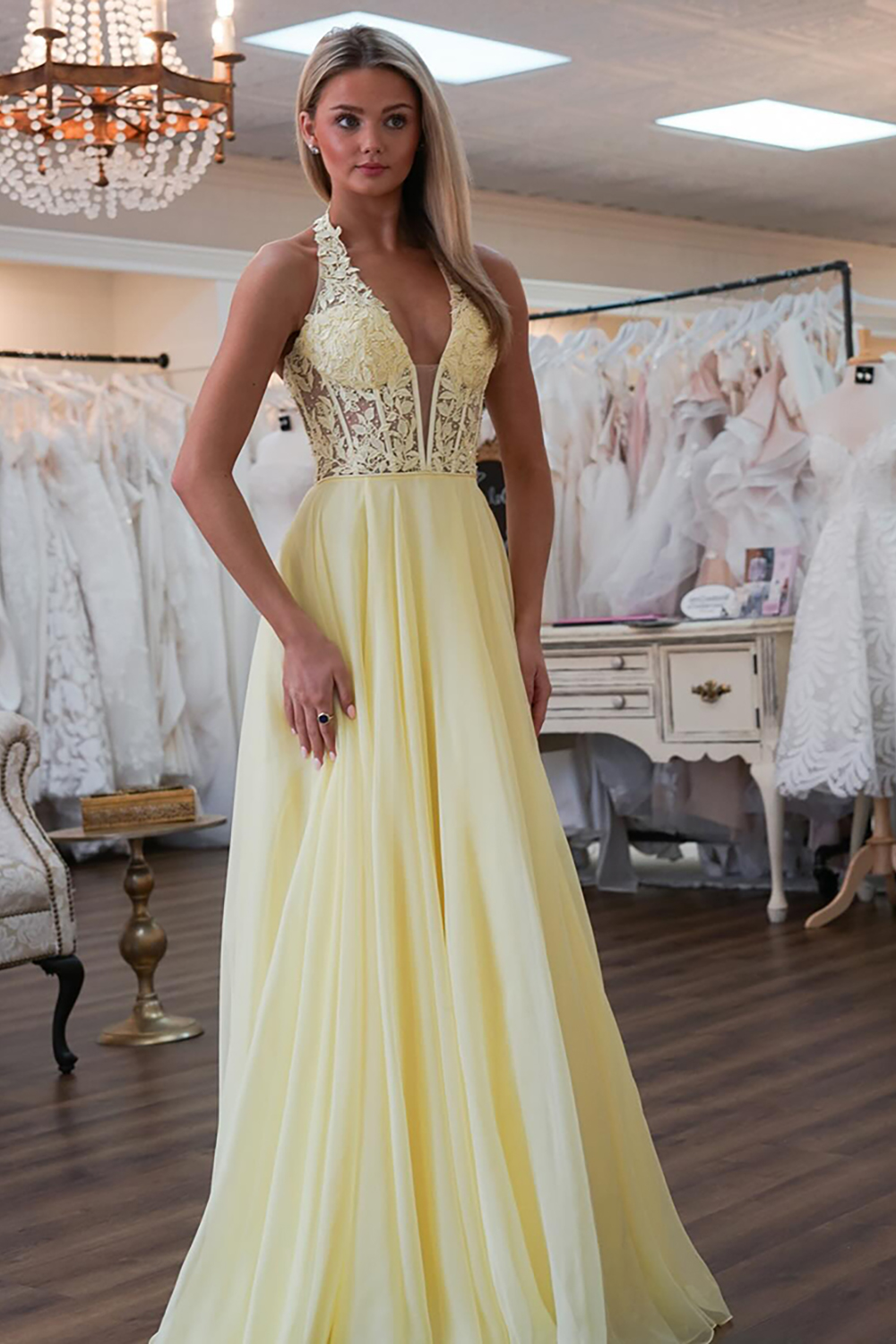 Yellow Appliqued A Line Chiffon Long Prom Dress with Slit