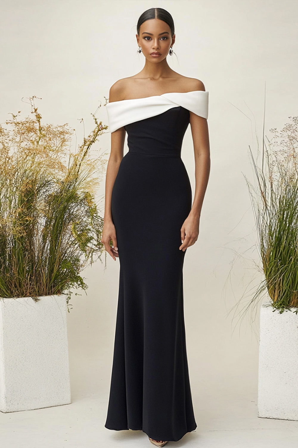 White Black Off the Shoulder Long Sheath Formal Dress