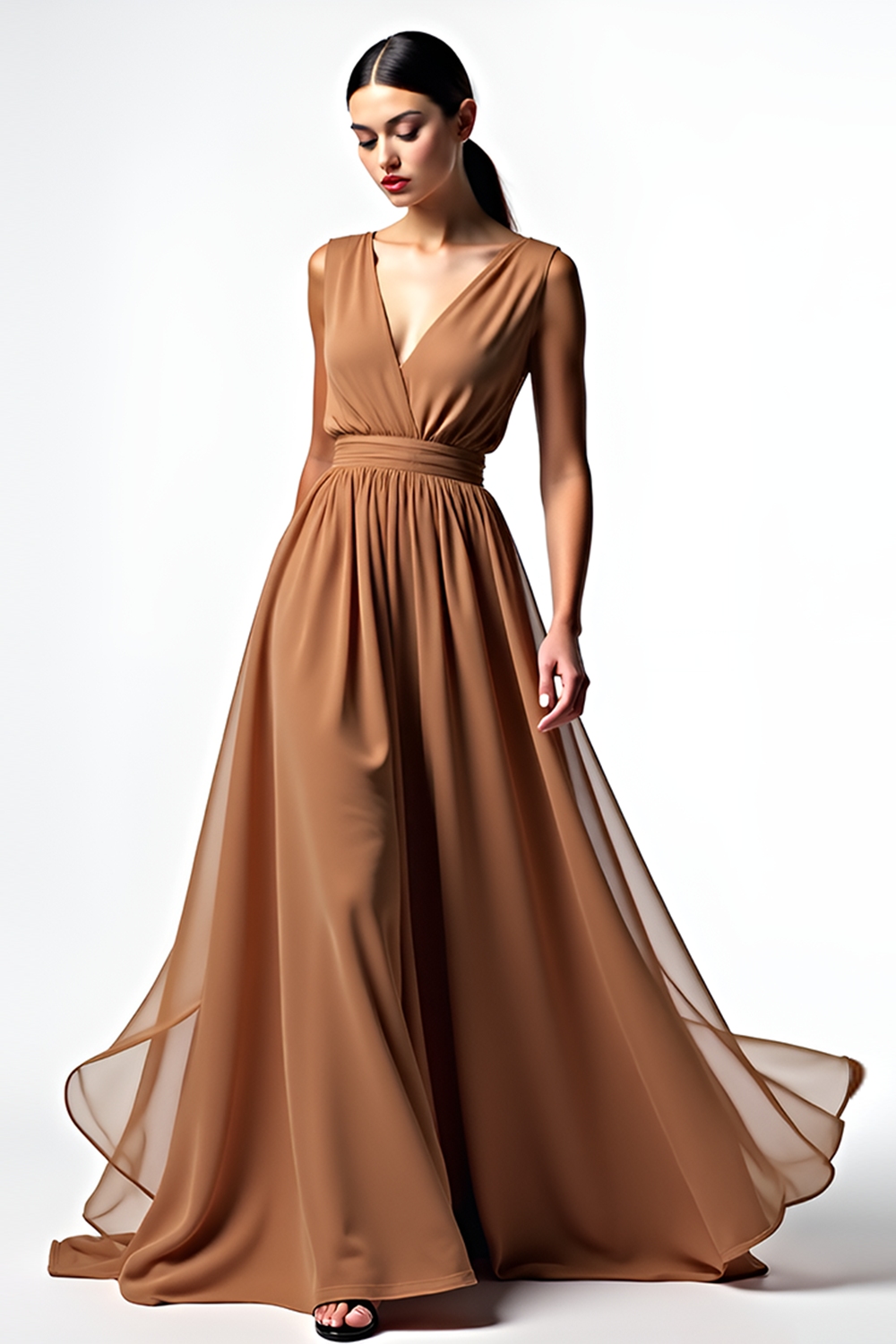 Brown V-Neck A Line Chiffon Long Prom Dress