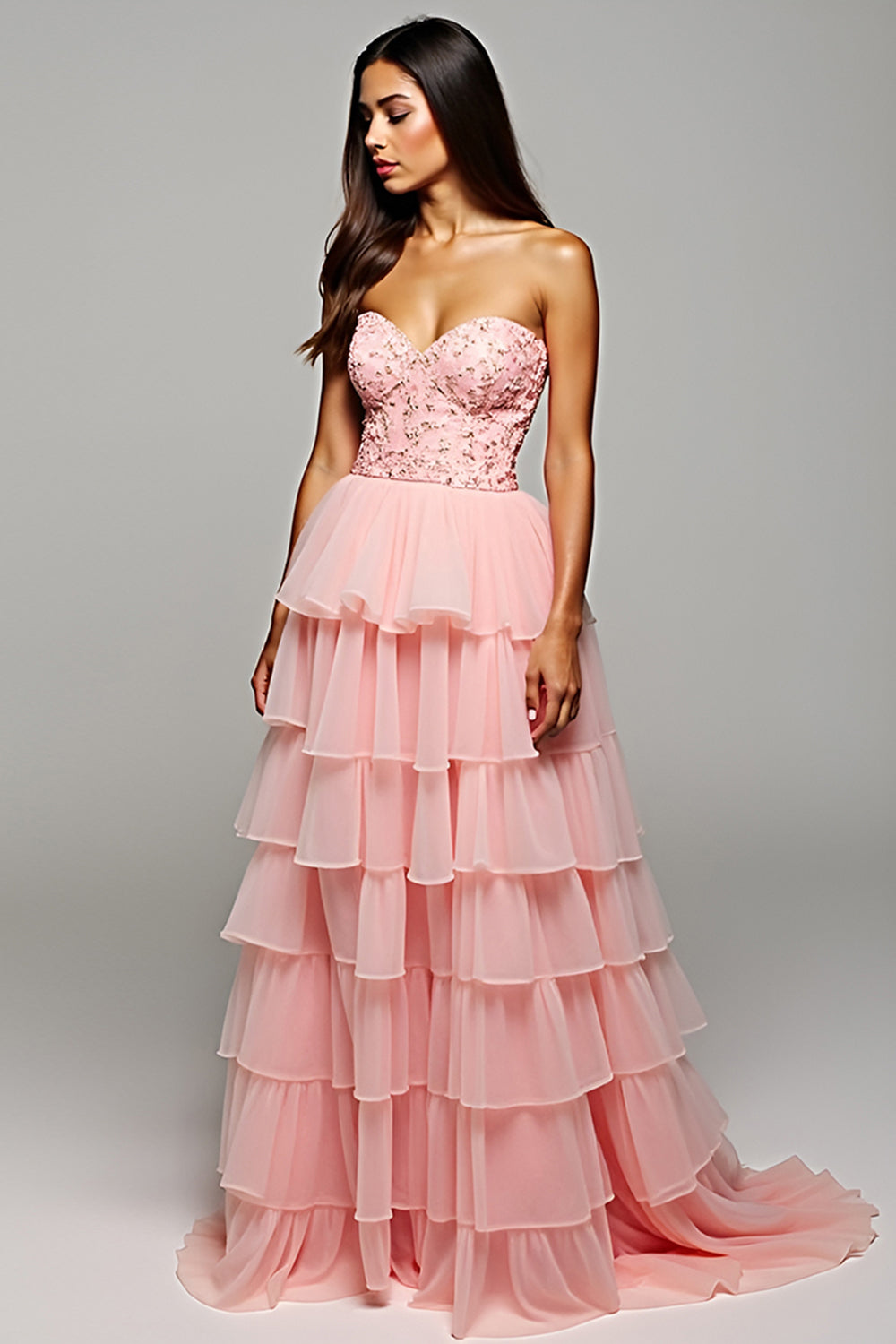 Sweetheart Tiered Blush Floral Long Prom Dress with Slit