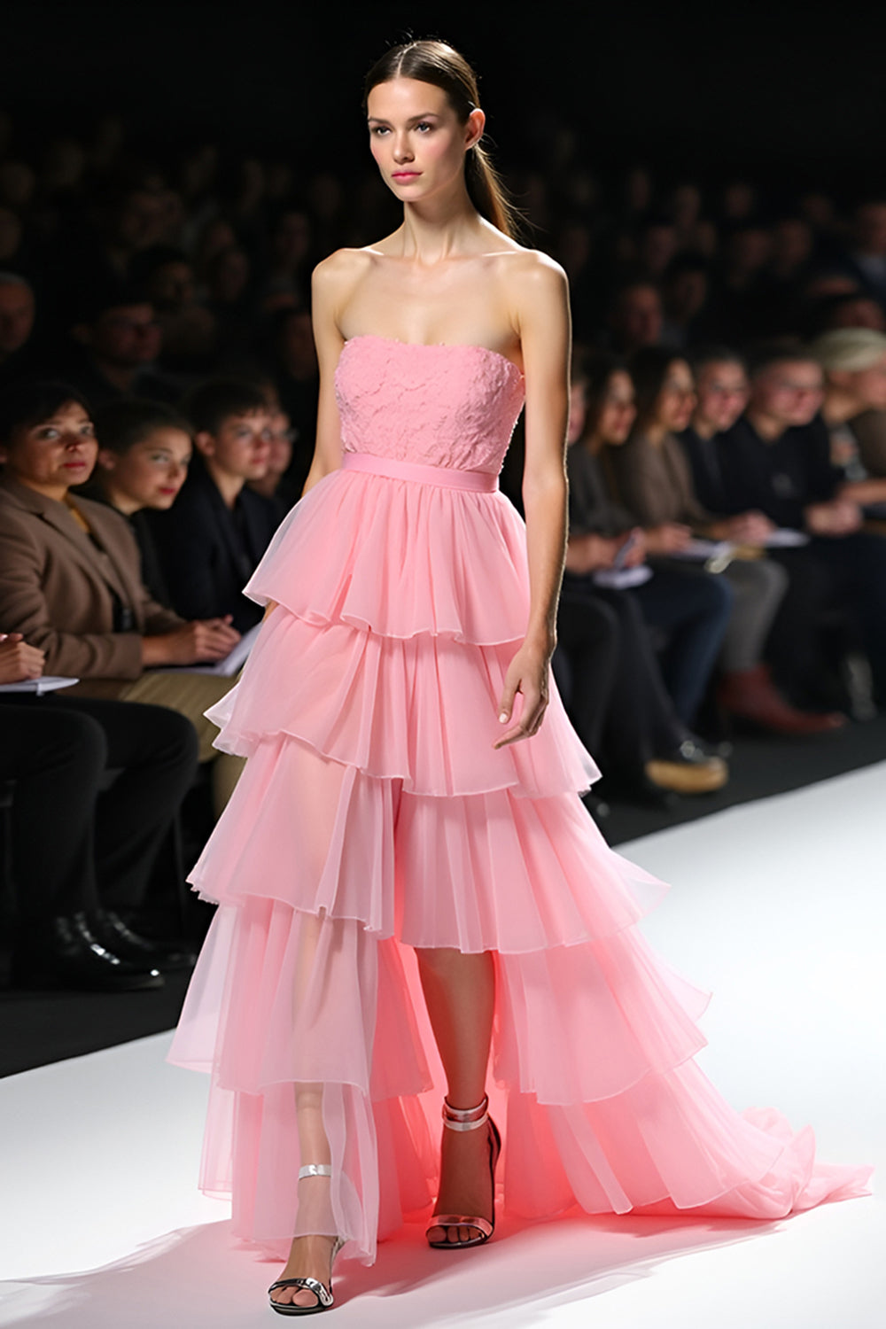 Pink Strapless High-Low Tiered Gala Dress