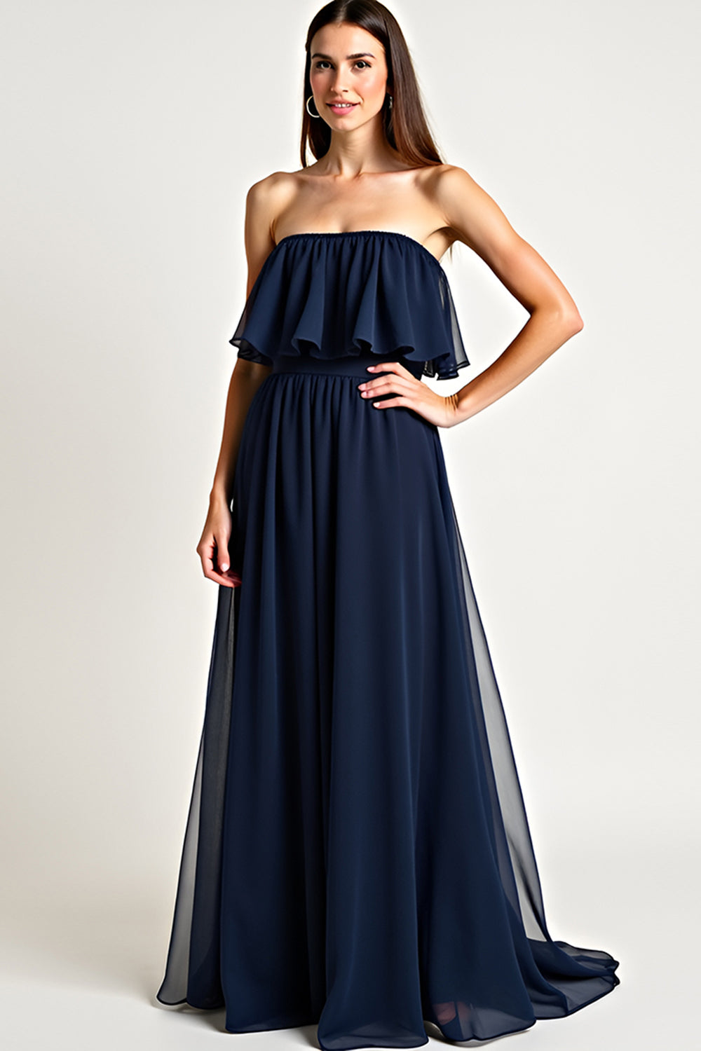 Navy Strapless A Line Pleated Long Tulle Formal Dress