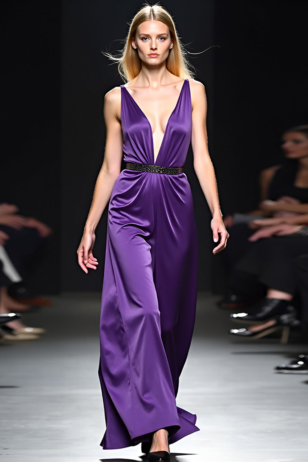 Deep V-Neck Dark Purple Long Satin Gala Dress