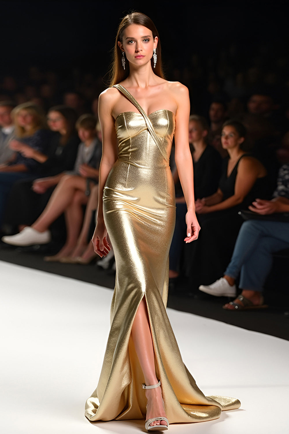 Metallic Golden One Shoulder Long Gala Dress with Slit