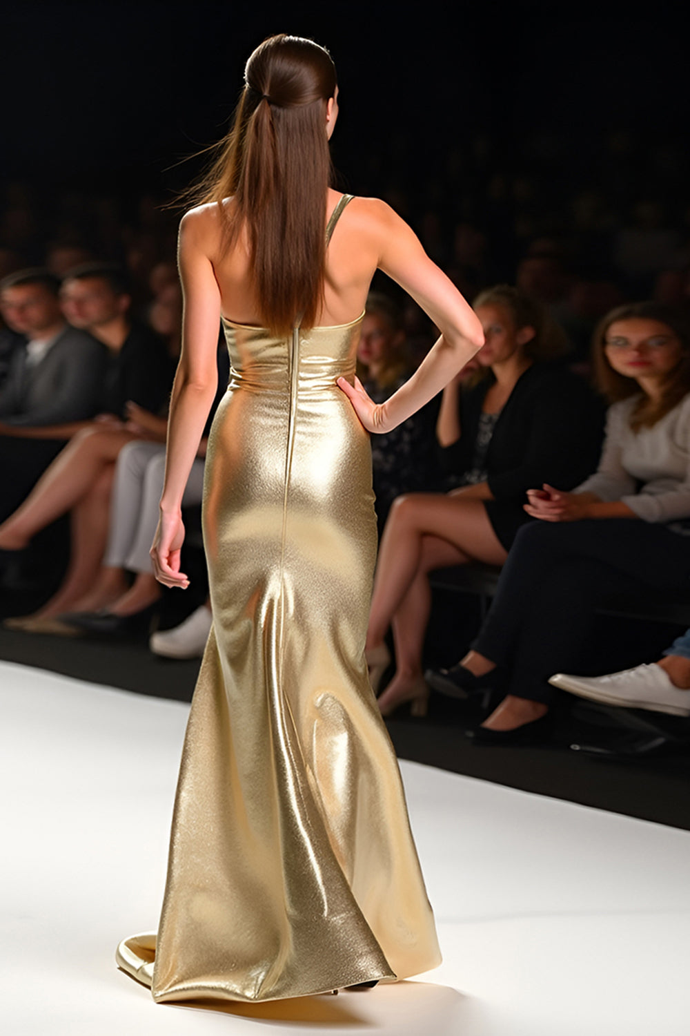 Metallic Golden One Shoulder Long Gala Dress with Slit