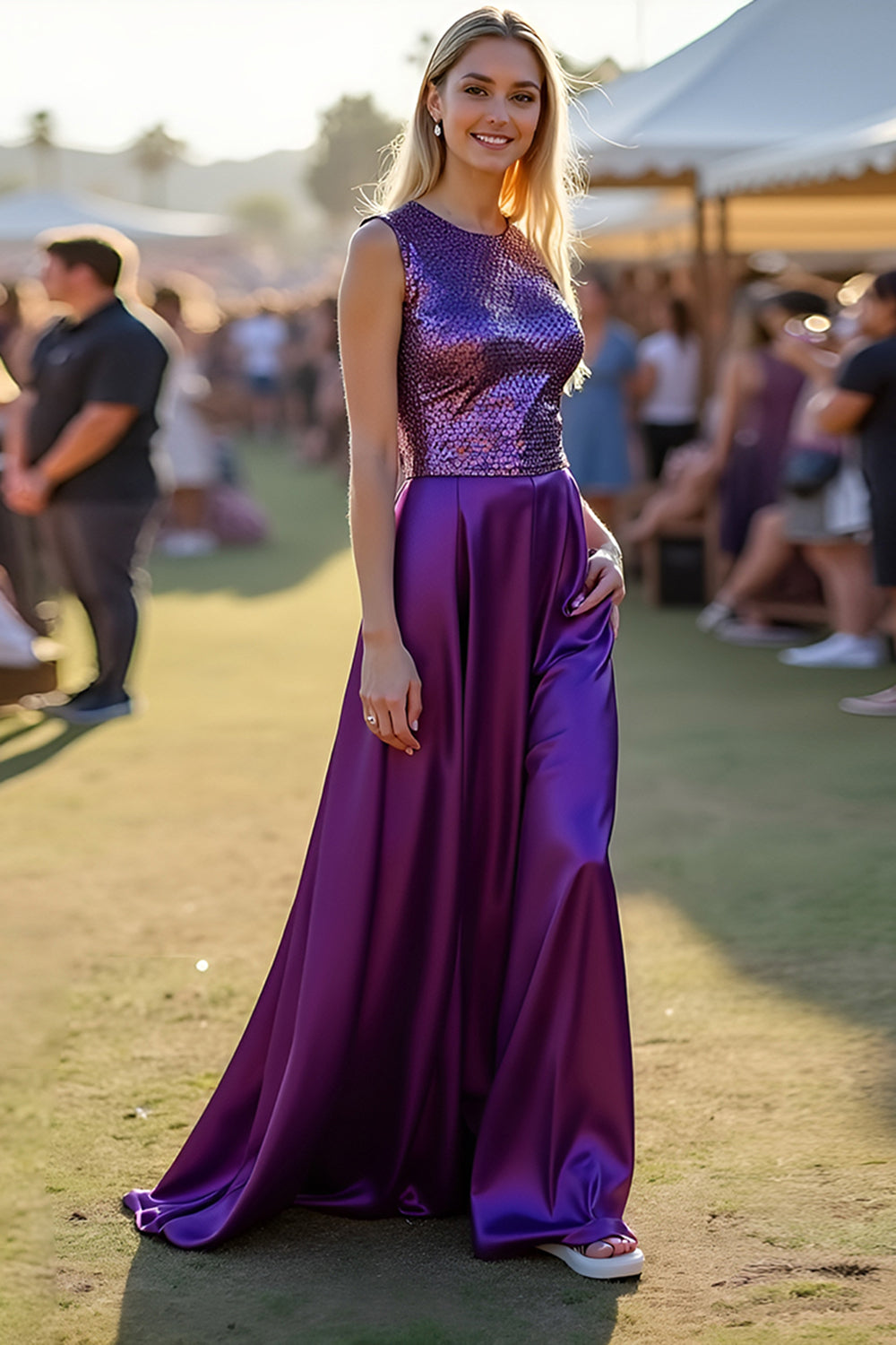 Sparkly Dark Purple A Line Long Satin Formal Dress