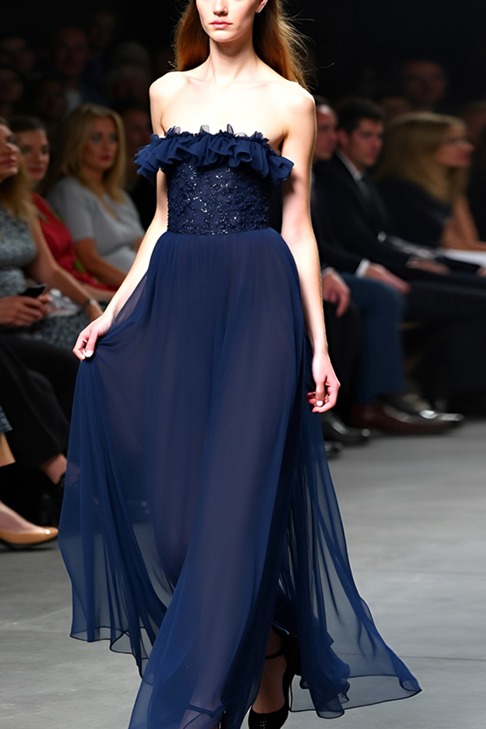 Navy Strapless A Line Long Tulle Gala Dress with Ruffles