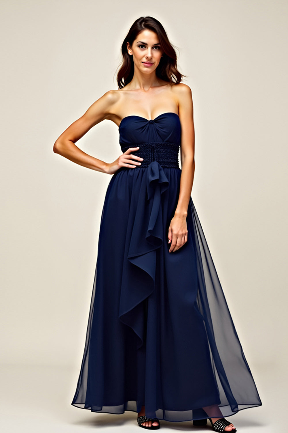 Strapless Navy A Line Ruffled Long Tulle Formal Dress