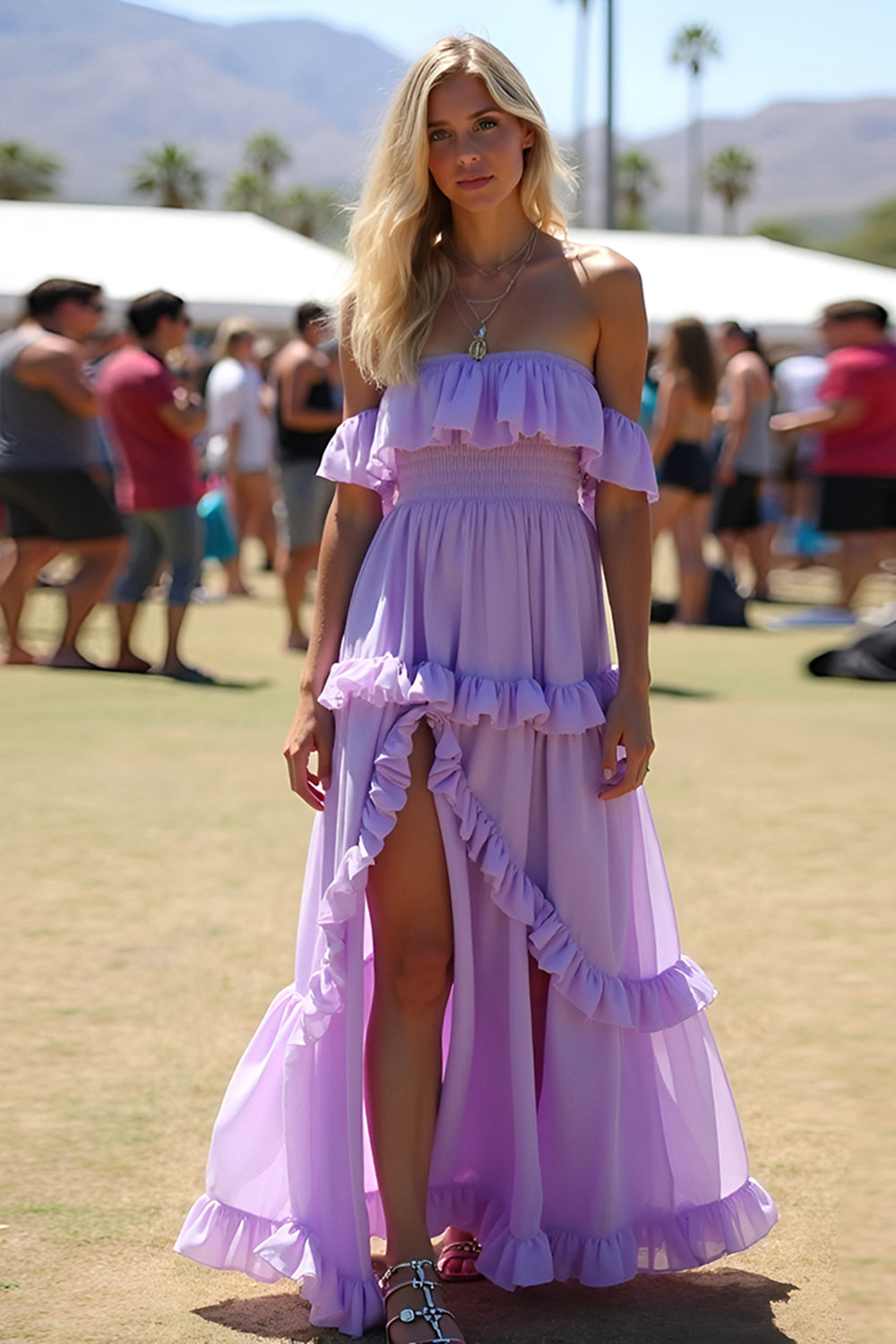 Off the Shoulder Lilac Ruffled Long Chiffon Formal Dress with Slit