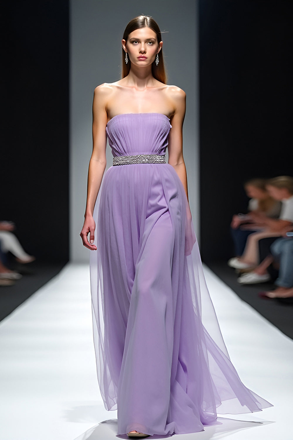 Lilac Strapless A Line Pleated Long Tulle Gala Dress