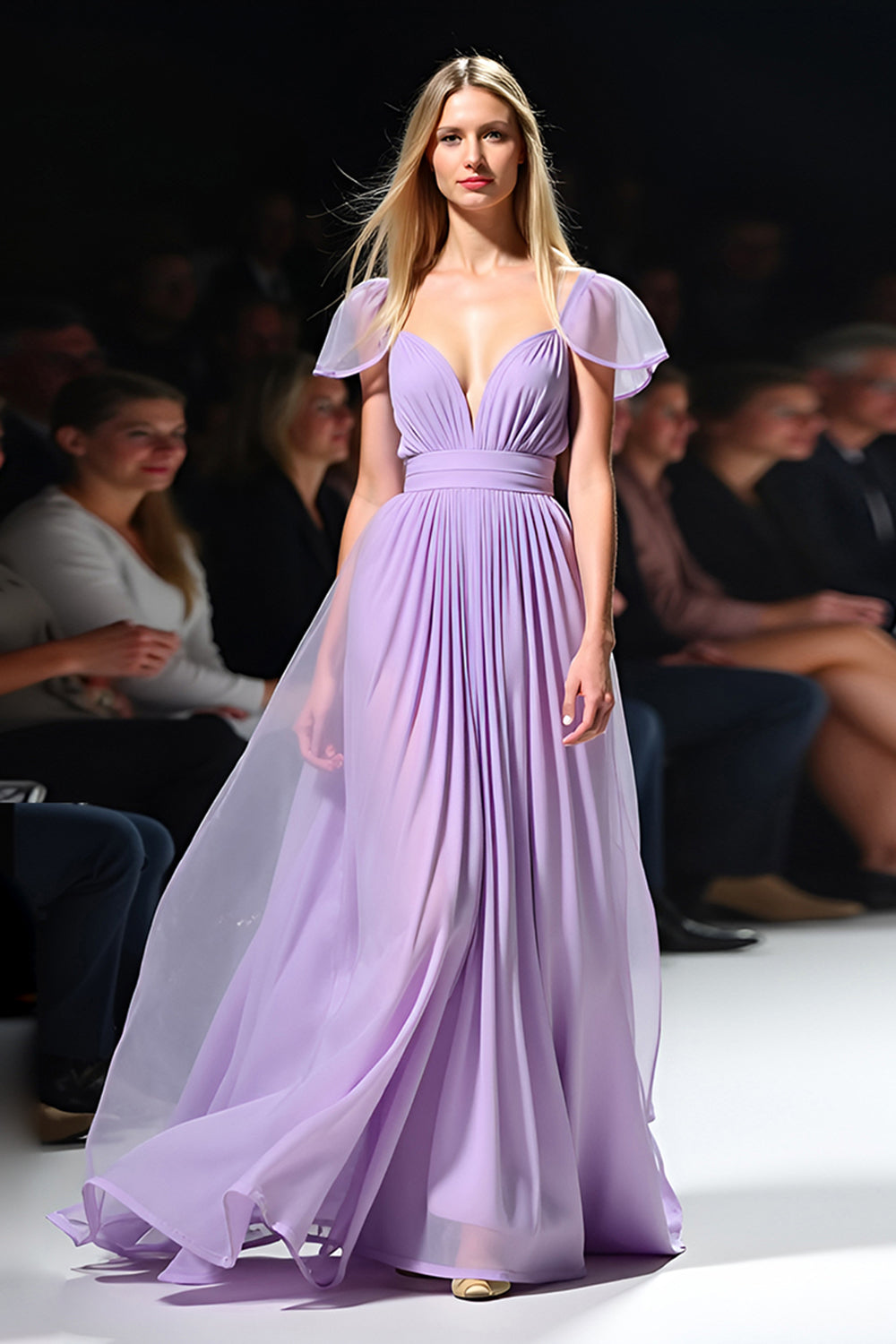 Simple Lilac A Line V-Neck Pleated Long Tulle Formal Dress