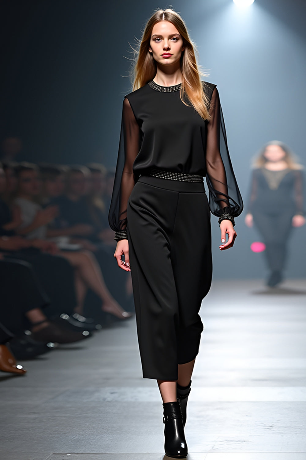 Black Round Neck Column Formal Jumpsuit with Long Sleeves