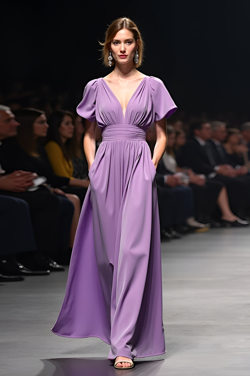 Purple A Line V-Neck Long Satin Gala Dress with Short Sleeves