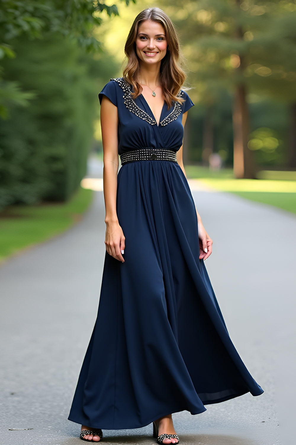 Navy Cap Sleeves A Line Long Formal Dress with Beading