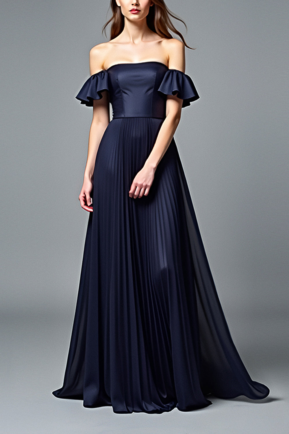 Off the Shoulder Navy A Line Long Pleated Formal Dress