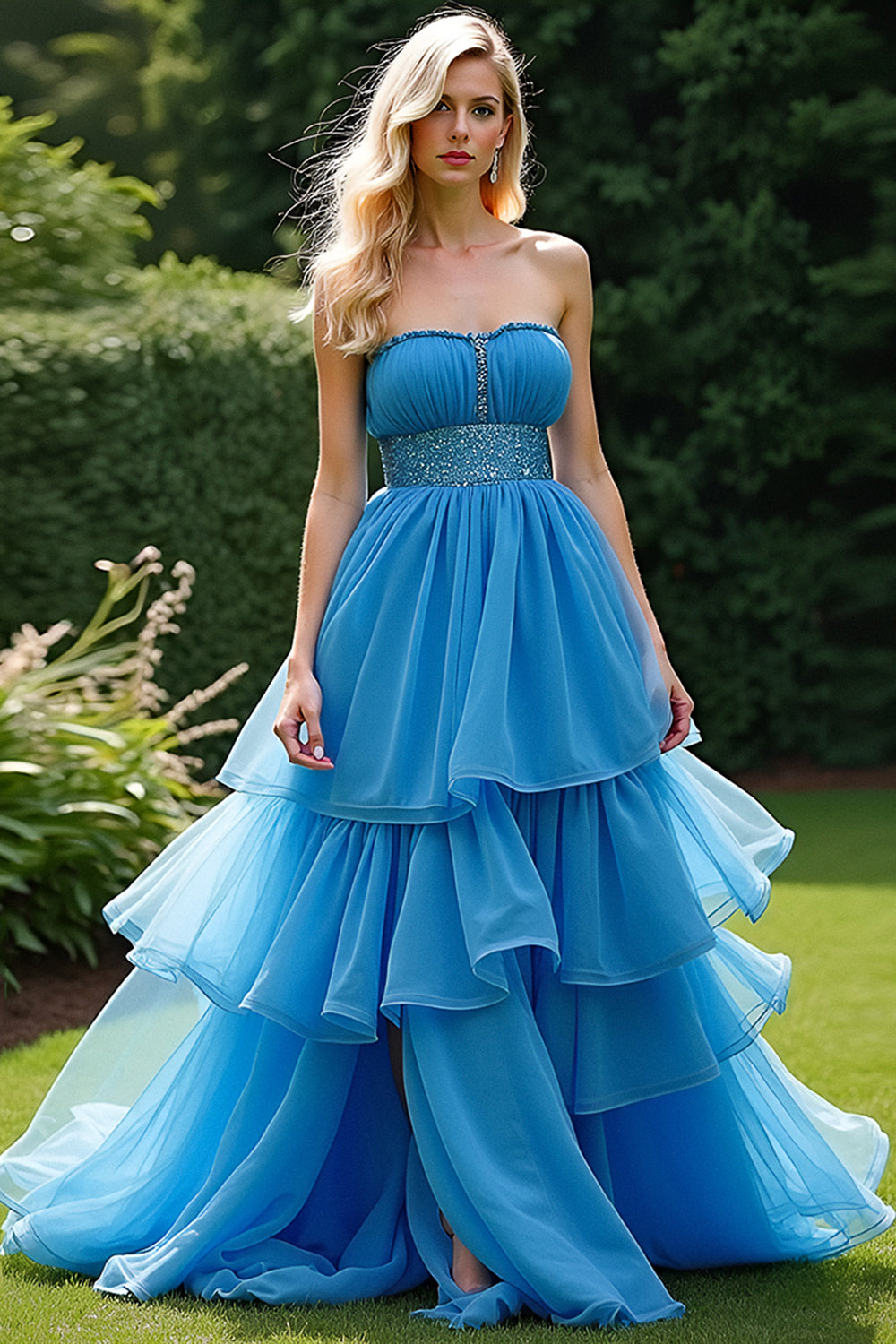 Blue Tiered Ruched A Line Strapless Long Prom Dress with Beading