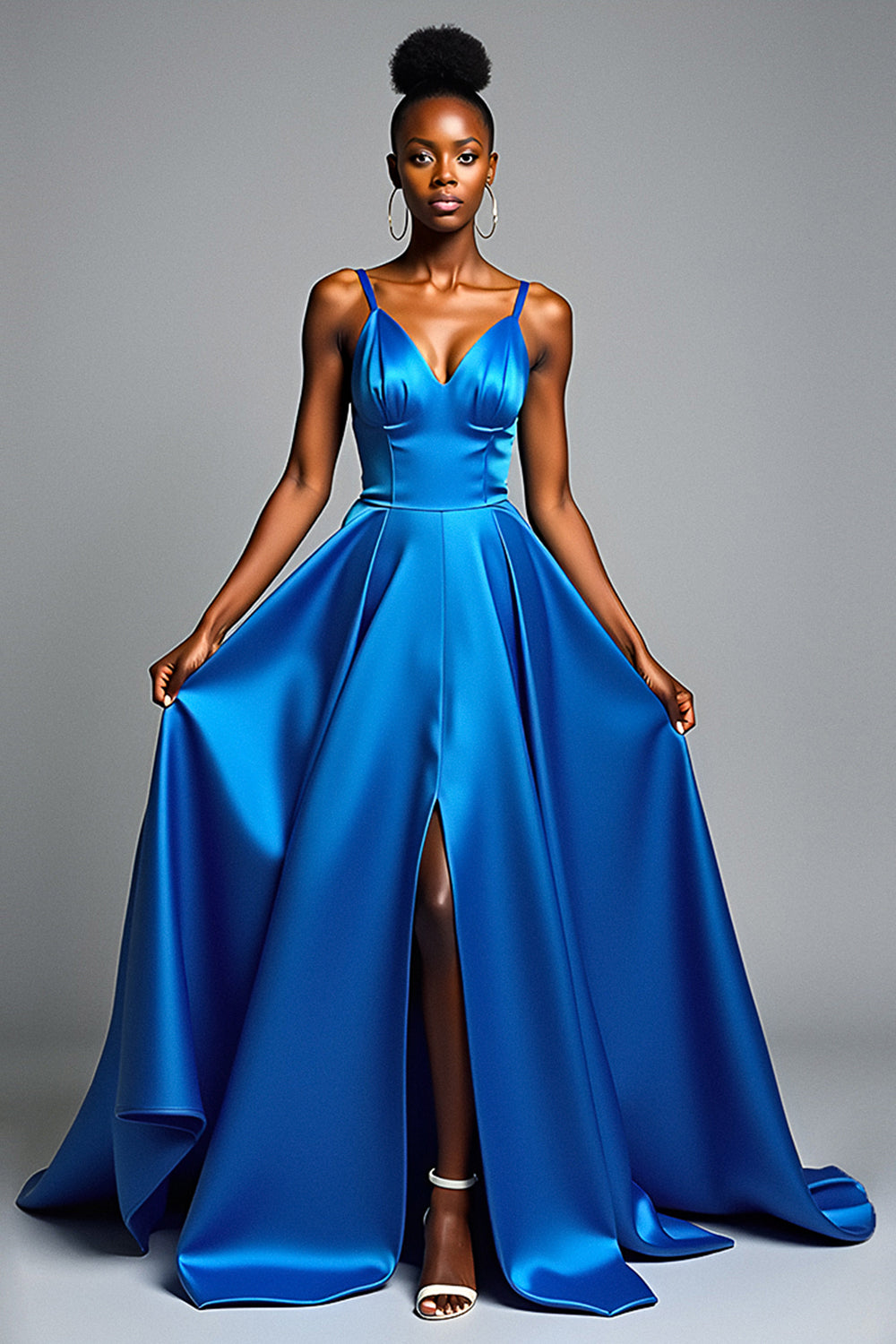 Satin Royal Blue V-Neck A Line Long Formal Dress with Slit