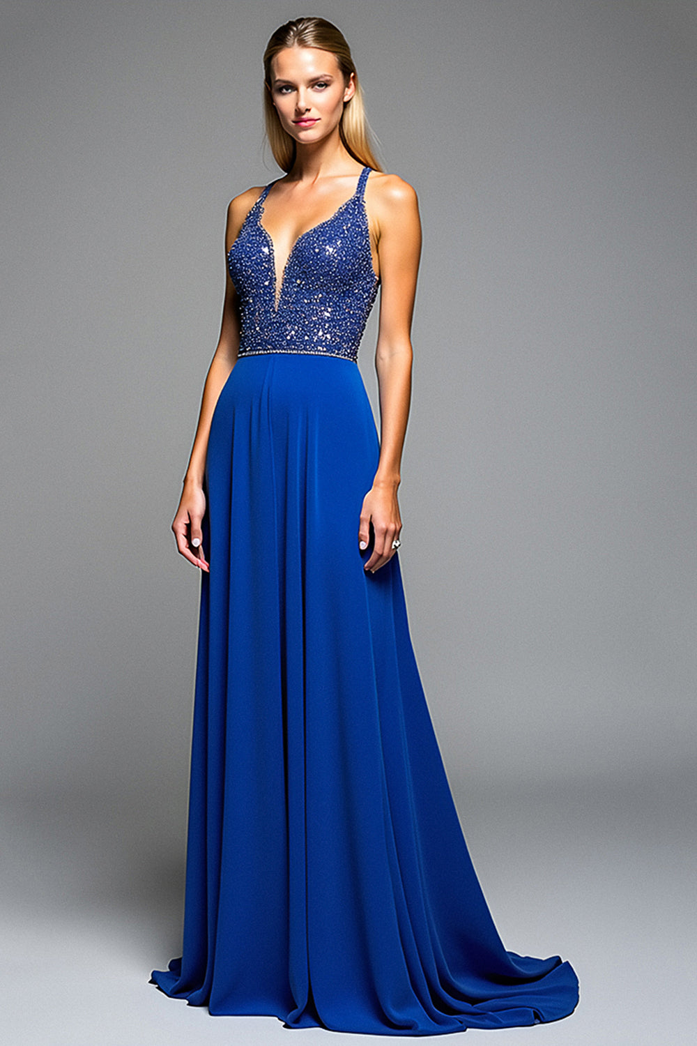 Sparkly Royal Blue A Line Chiffon Long Formal Dress with Beading