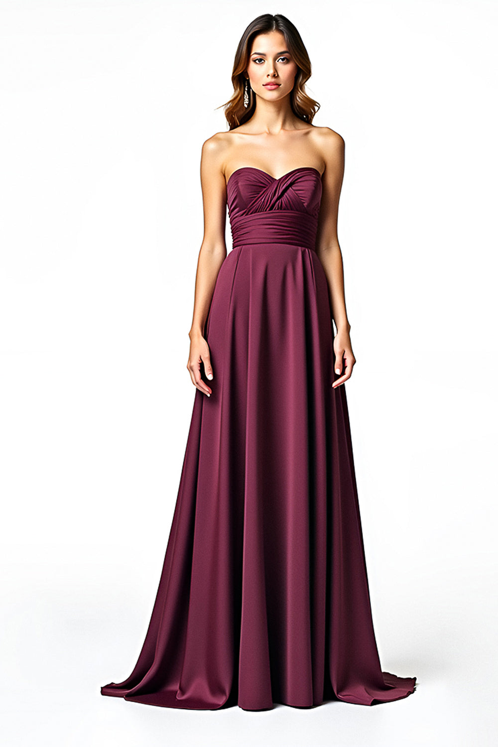 Burgundy A Line Strapless Ruched Long Satin Formal Dress