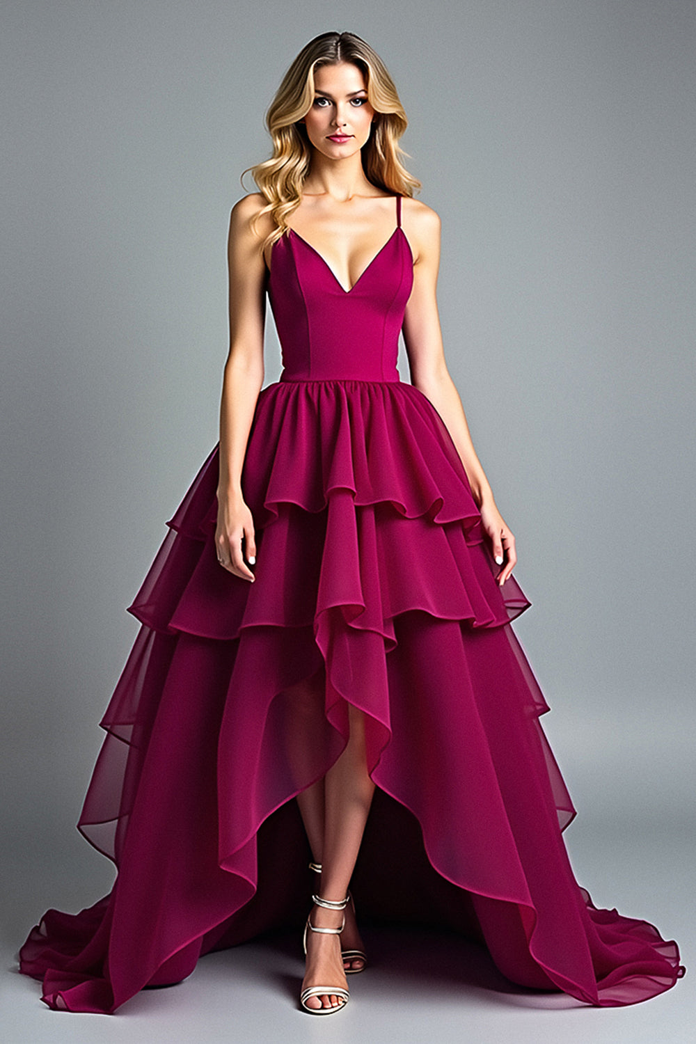 Burgundy A Line Tiered High-Low Tulle Formal Dress