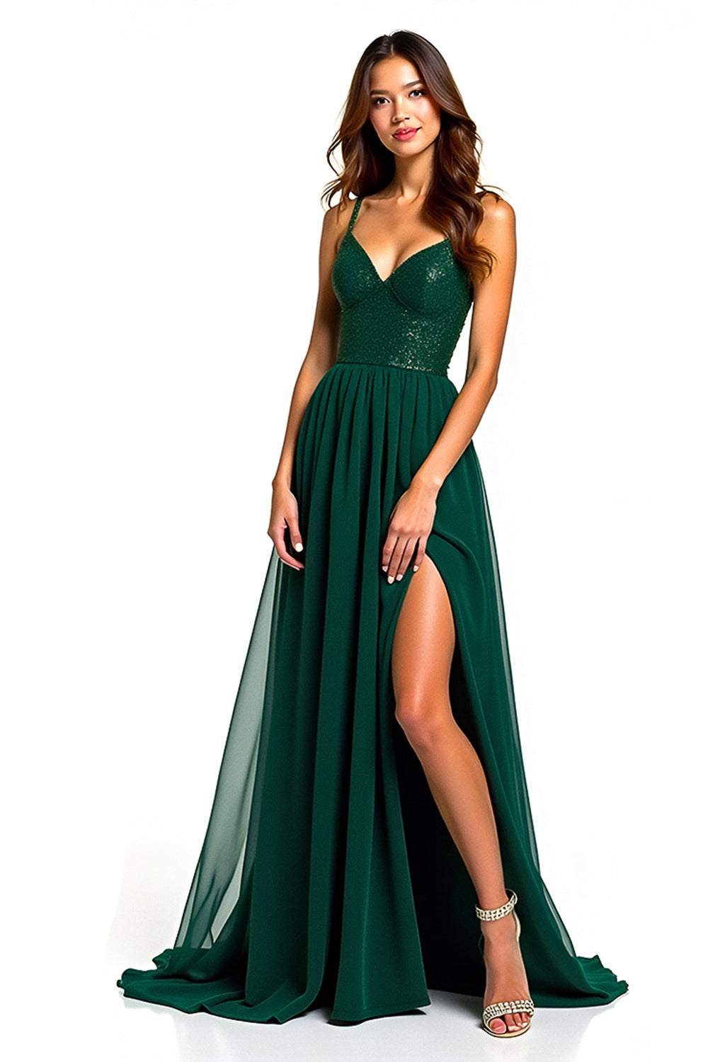 Sparkly Dark Green A Line Long Tulle Formal Dress with Slit