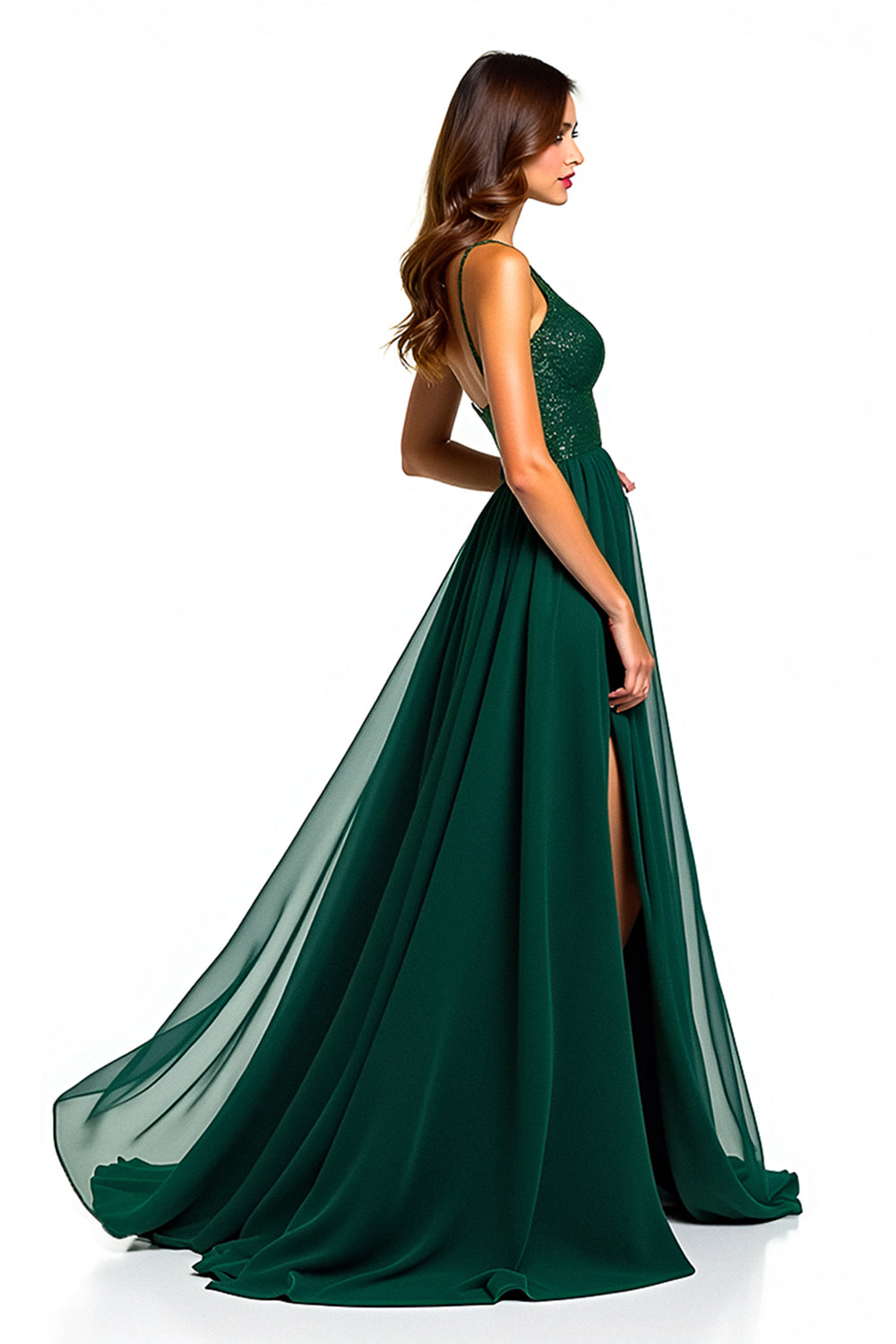 Sparkly Dark Green A Line Long Tulle Formal Dress with Slit