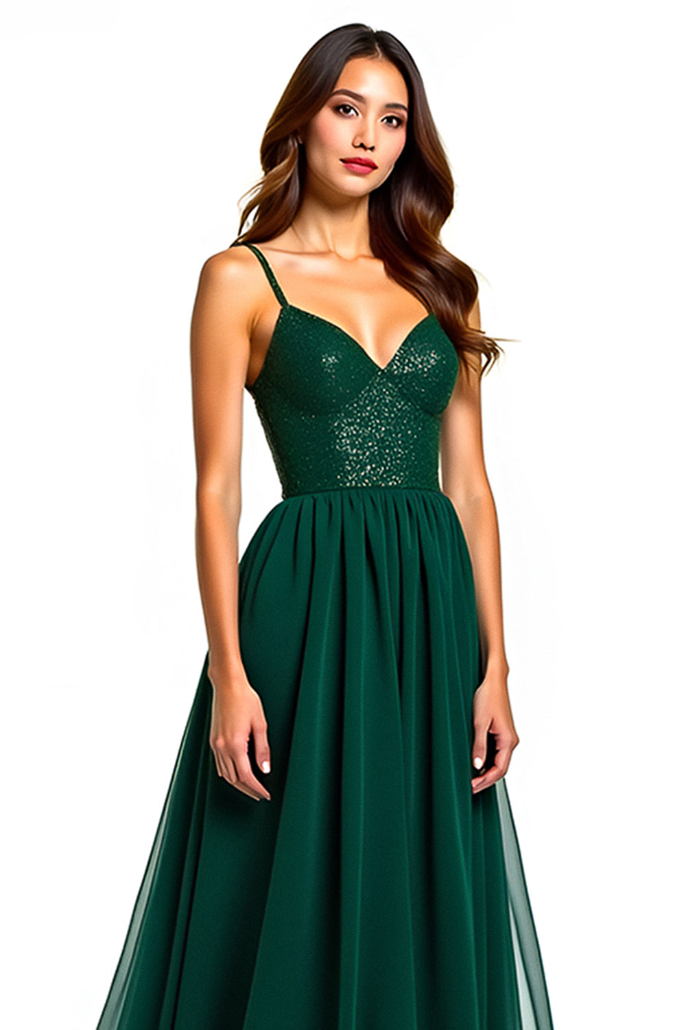 Sparkly Dark Green A Line Long Tulle Formal Dress with Slit