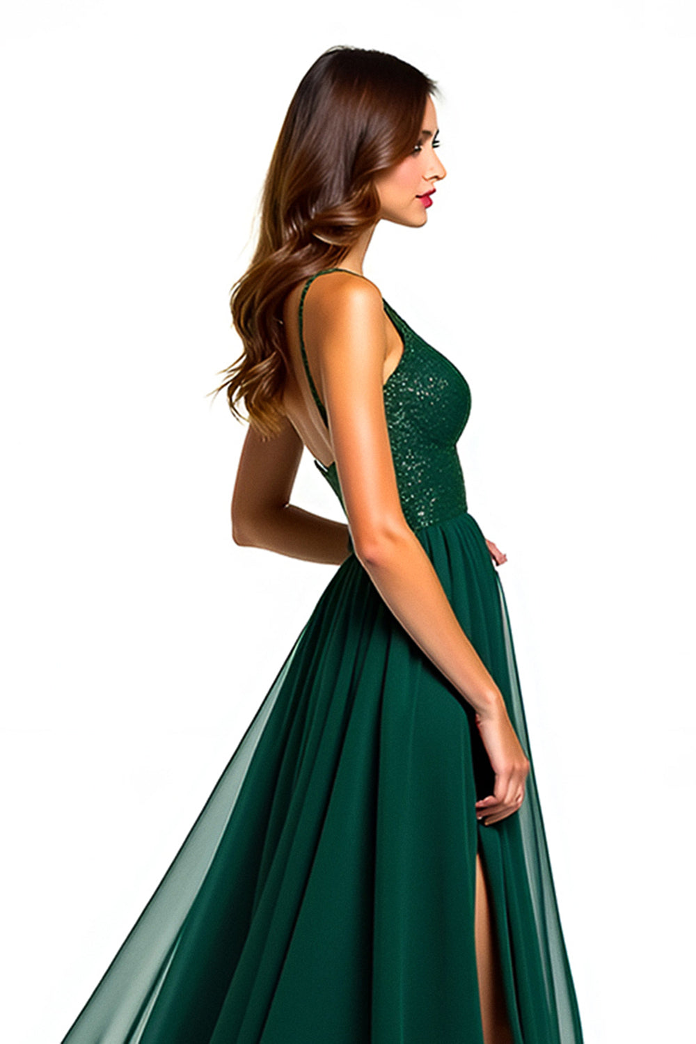 Sparkly Dark Green A Line Long Tulle Formal Dress with Slit