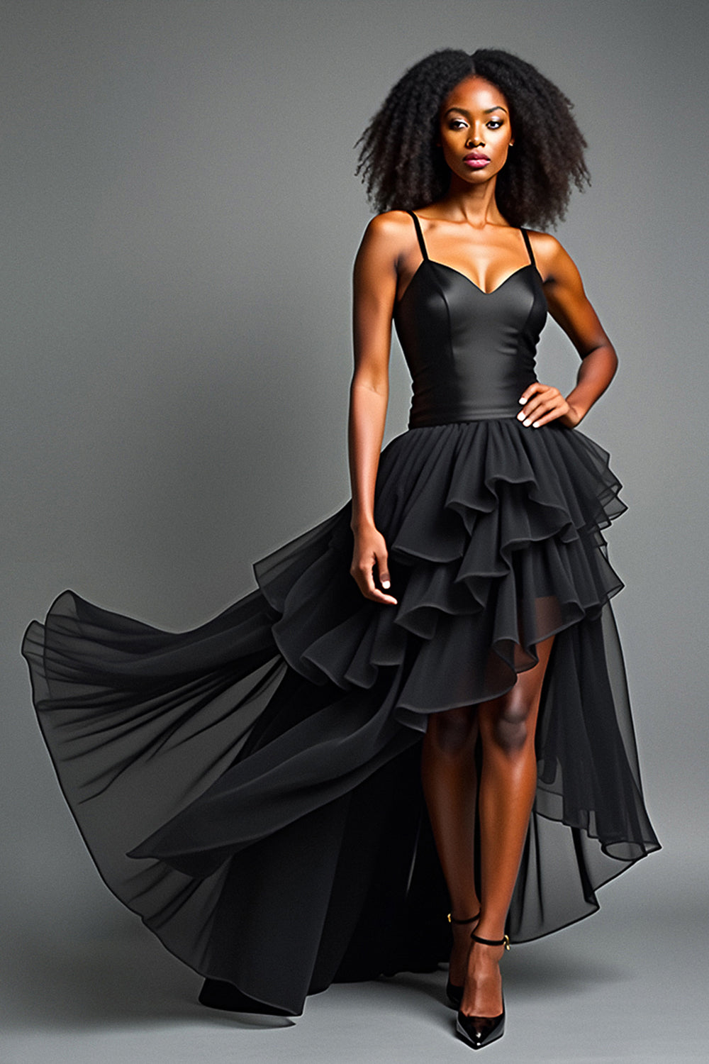 Tiered Black Tulle Asymetrical Long Prom Dress