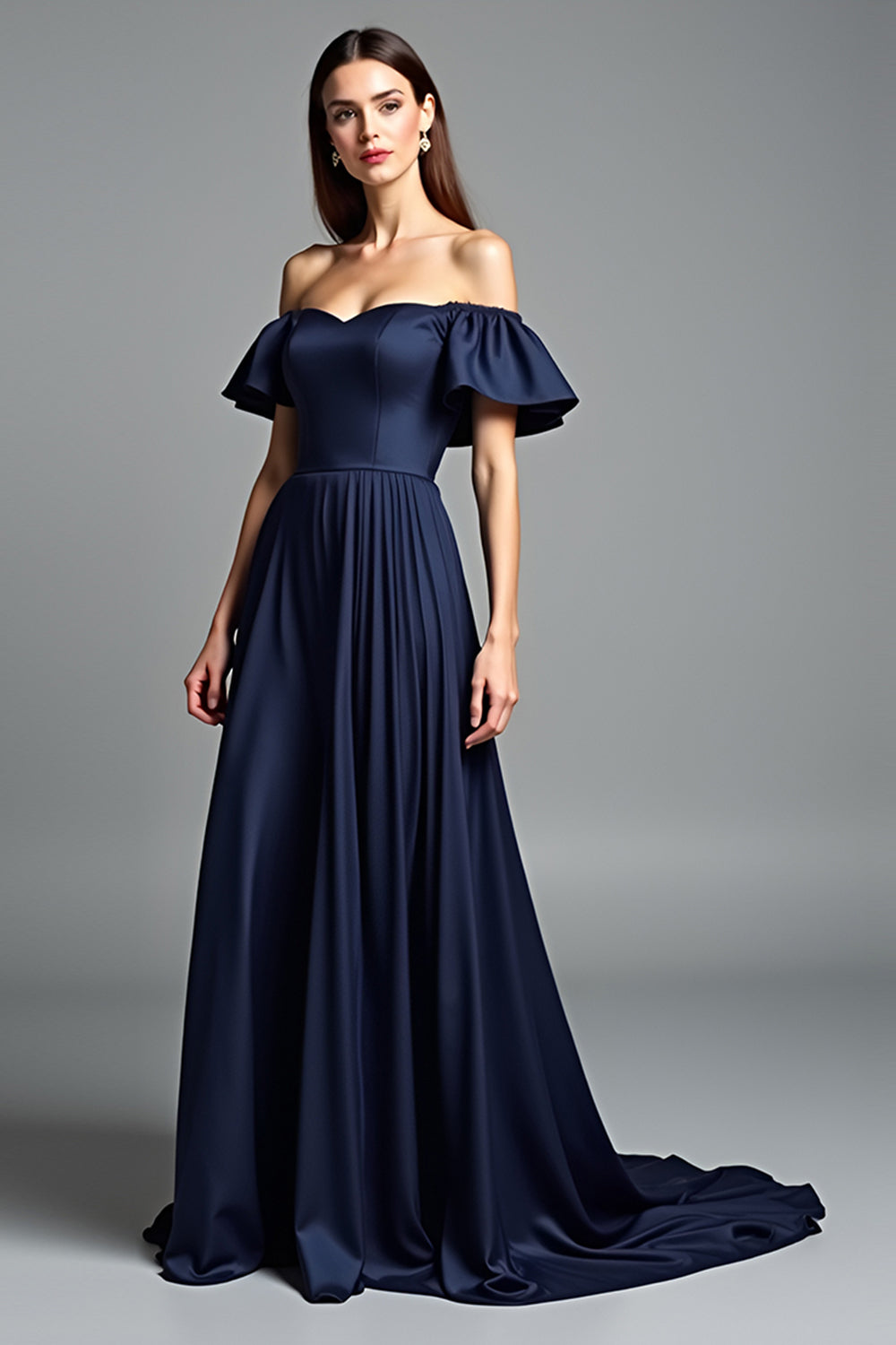 Navy A Line Off the Shoulder Beaded Long Formal Dress