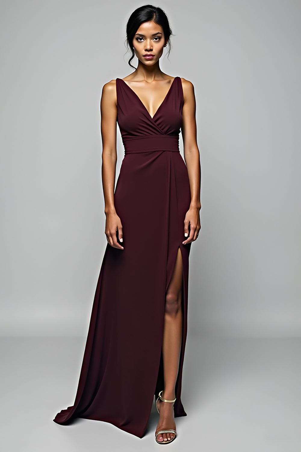 Modest Cabernet Sheath Backless Long Satin Formal Dress with Slit