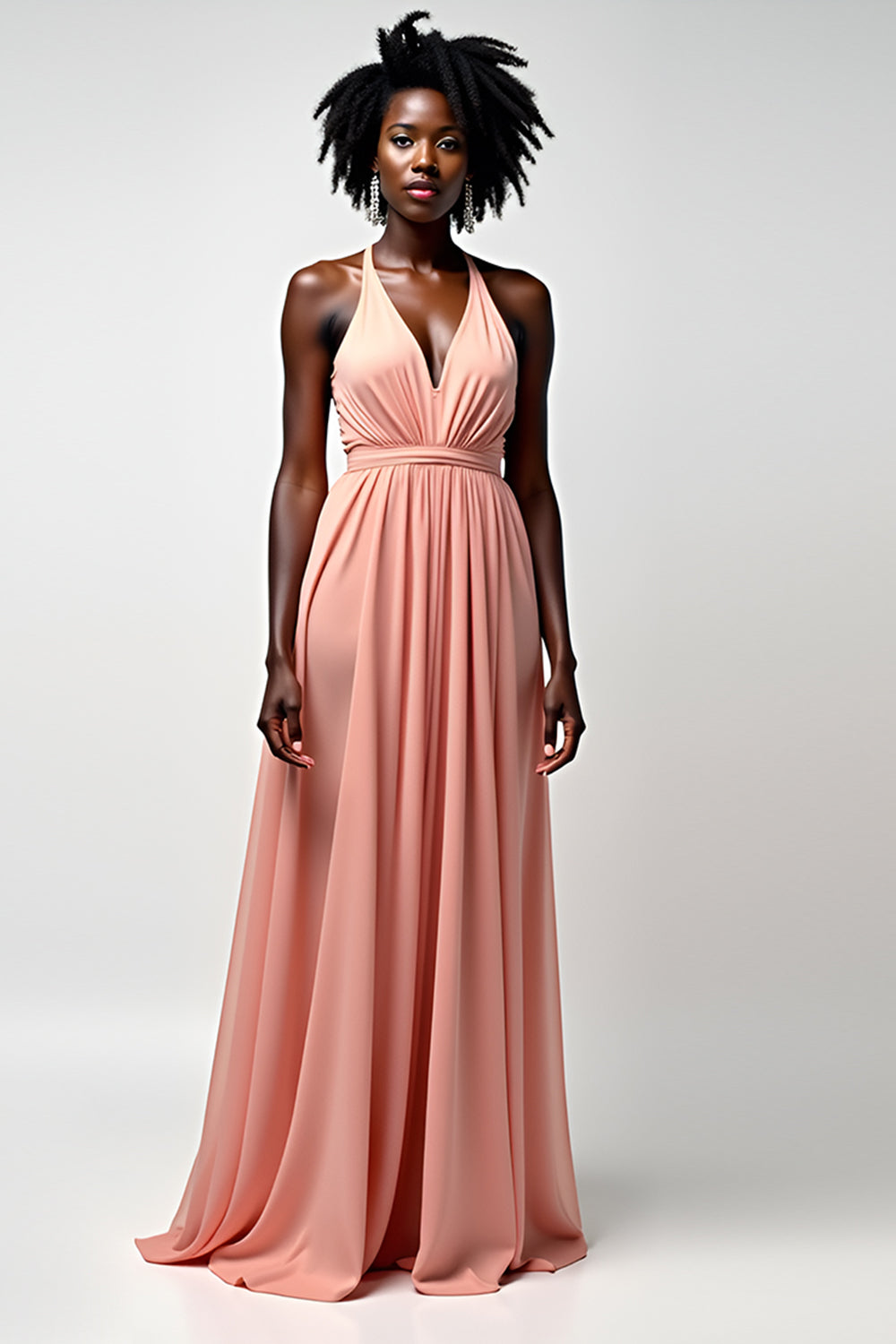 Blush Pink A Line V-Neck Long Chiffon Formal Dress