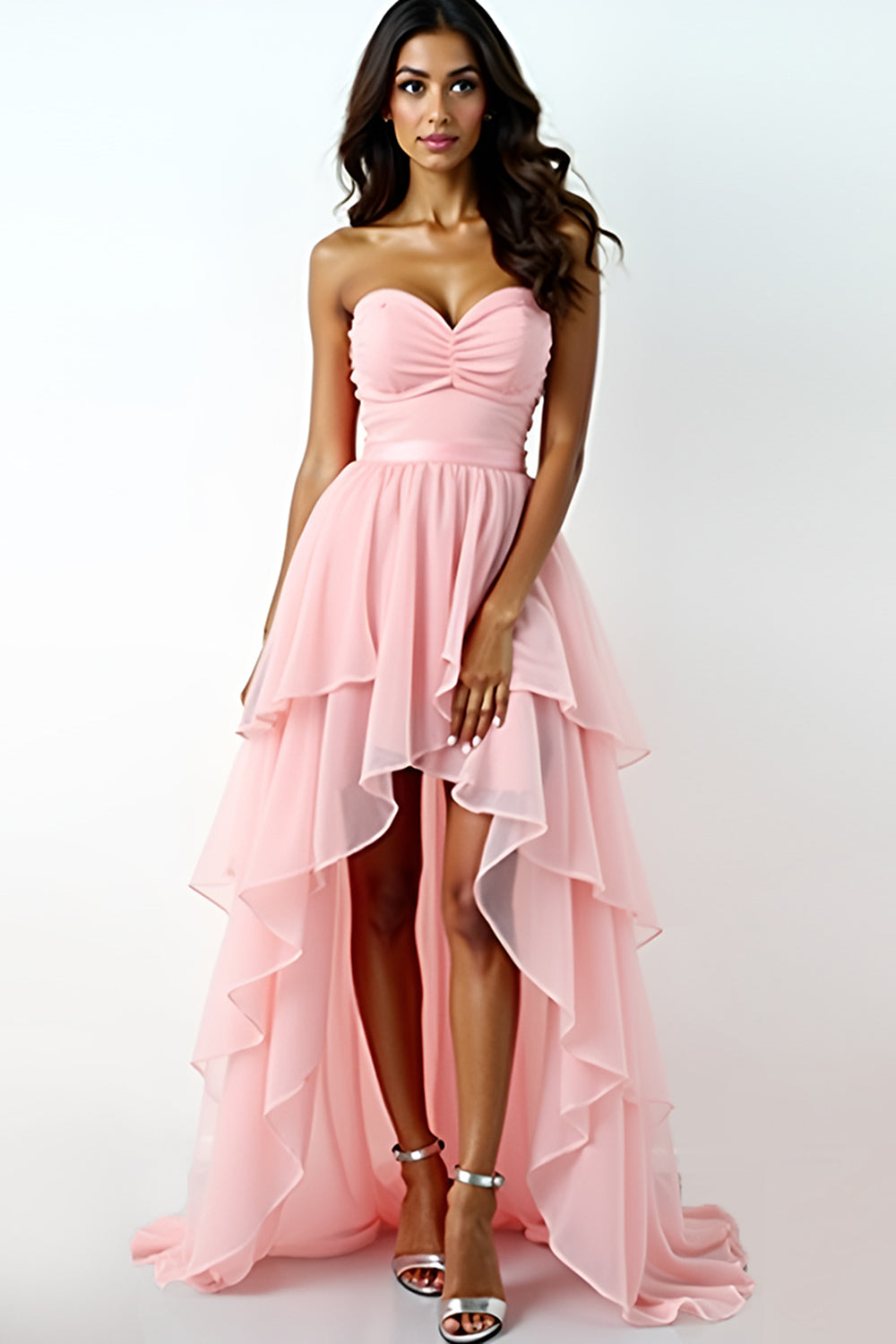 Blush Pink Strapless High-Low Formal Dress