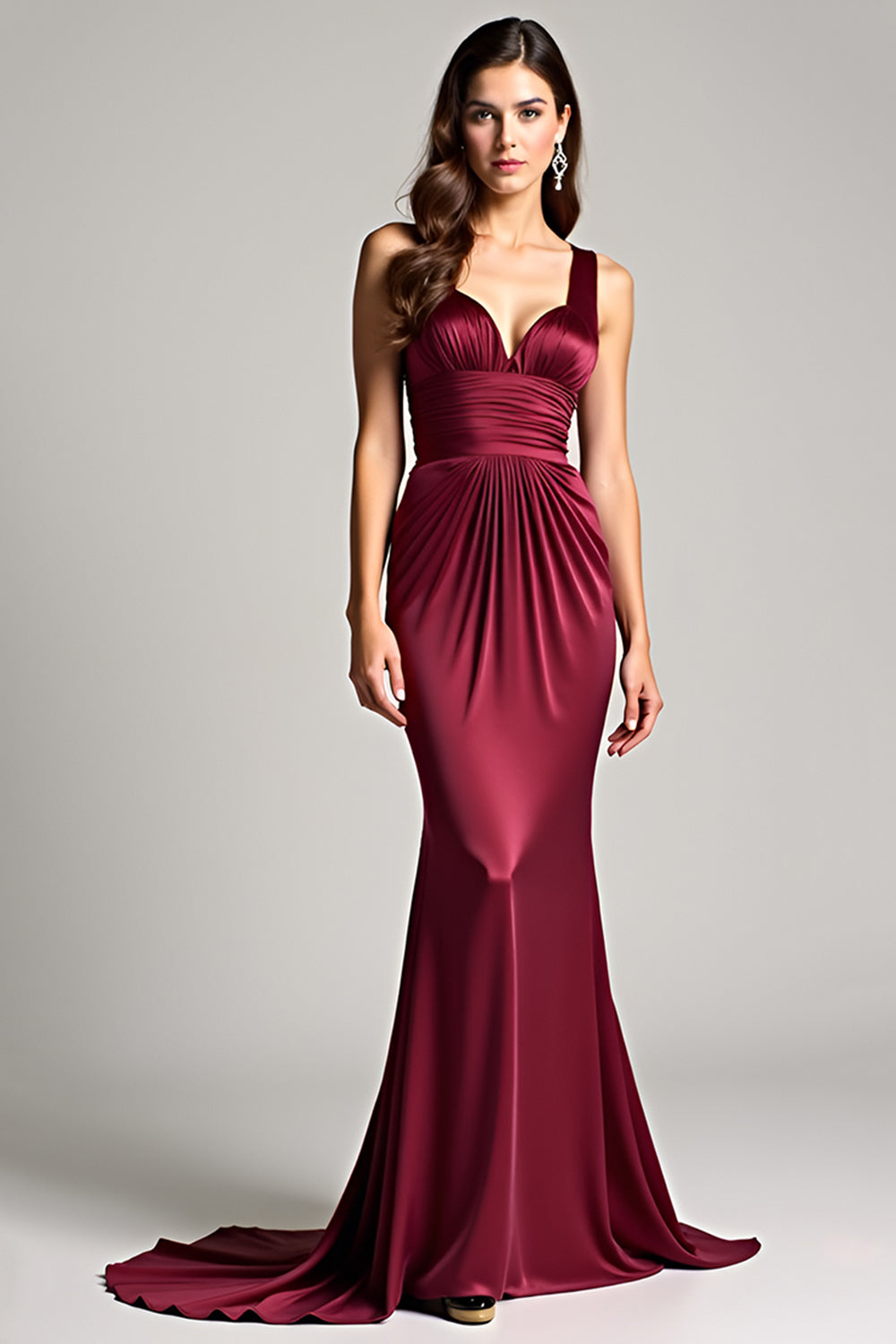 Elegant Burgundy Mewrmaid Backless Ruched Long Satin Formal Dress