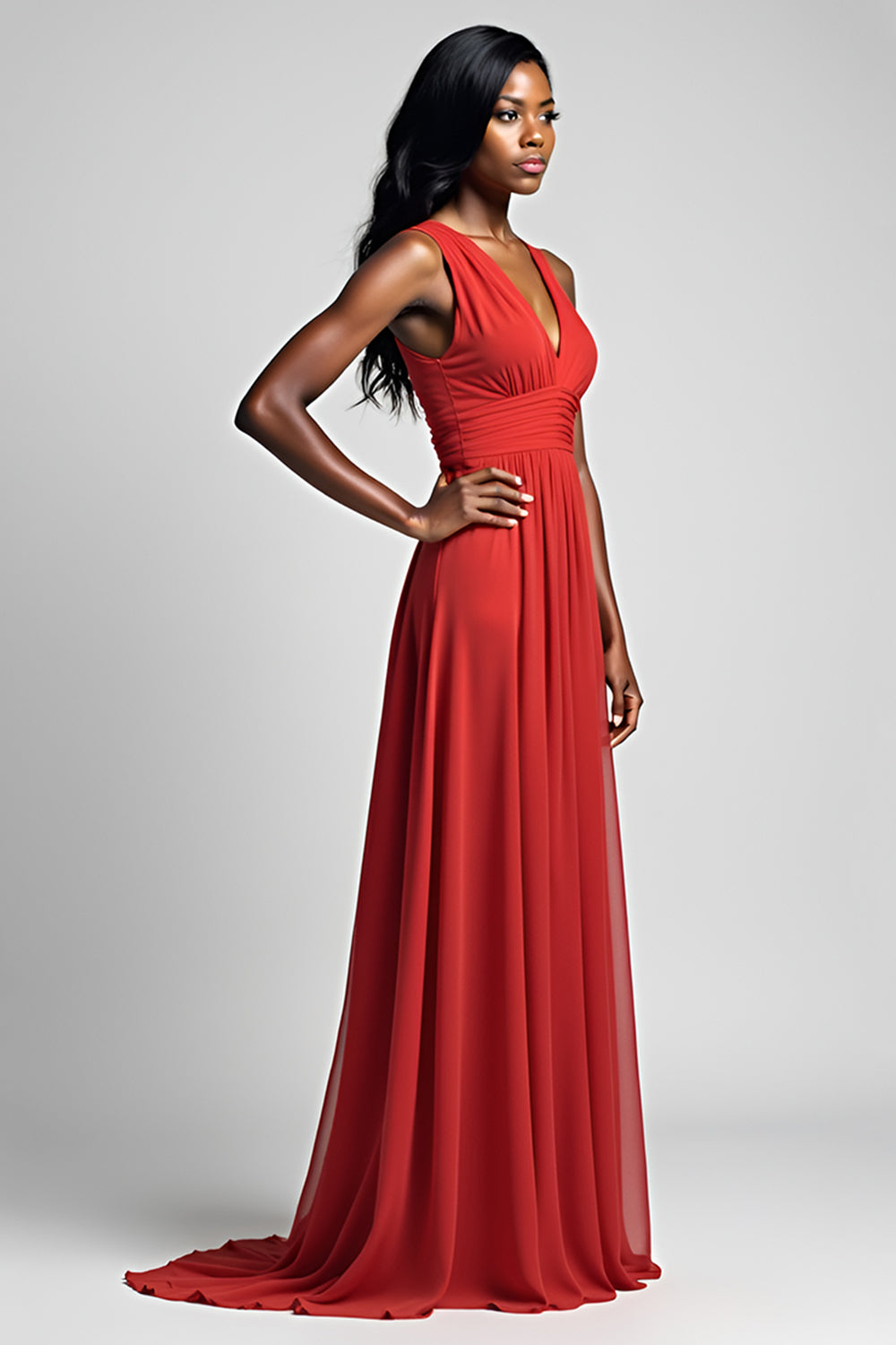 Red A Line Pleated Backless V-Neck Long Tulle Formal Dress