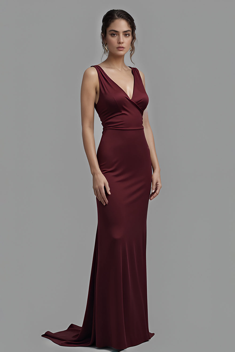 Modest Cabernet Satin V-Neck Long Sheath Formal Dress