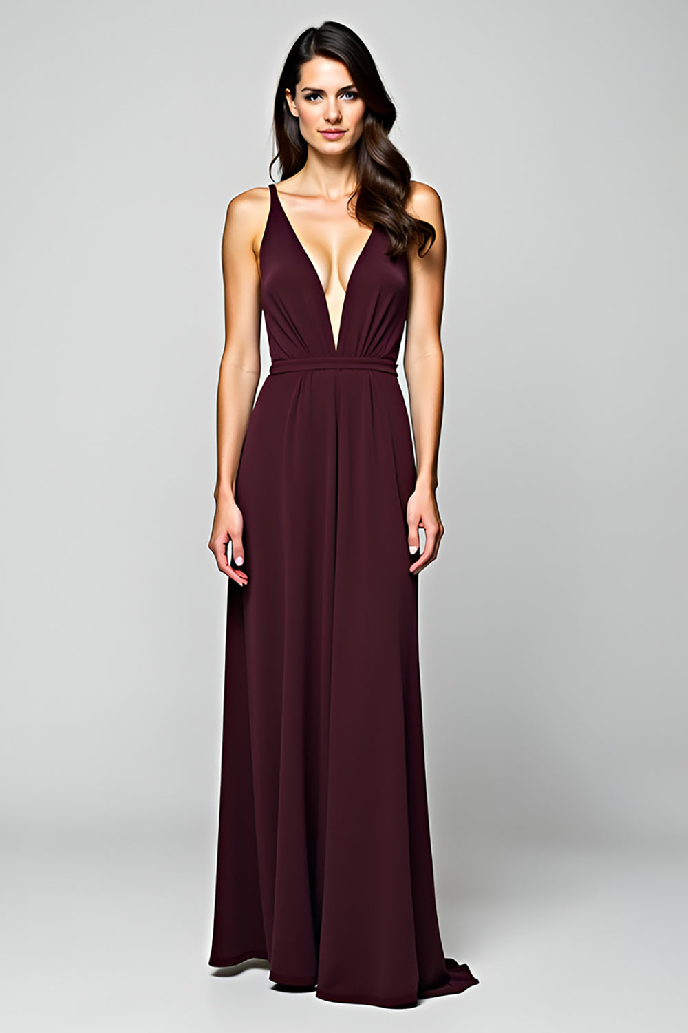 Cabernet Sheath Backless Deep V-Neck Long Formal Dress