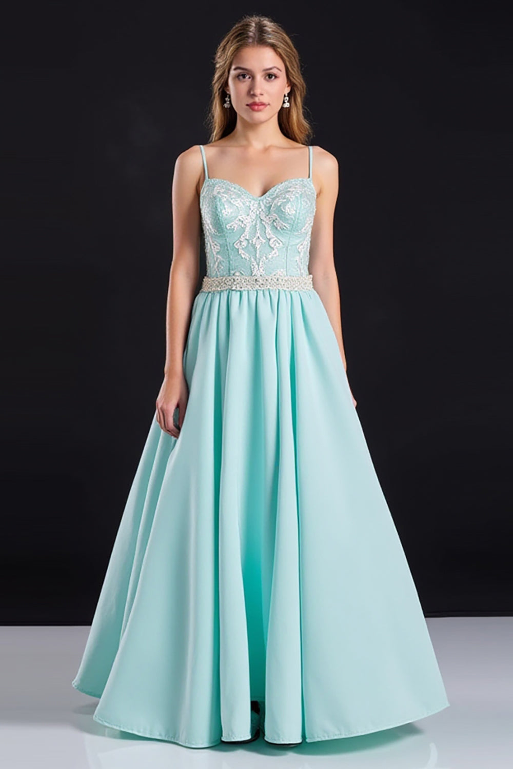 Mint A Line Satin Spaghetti Straps Long Prom Dress with Appliques