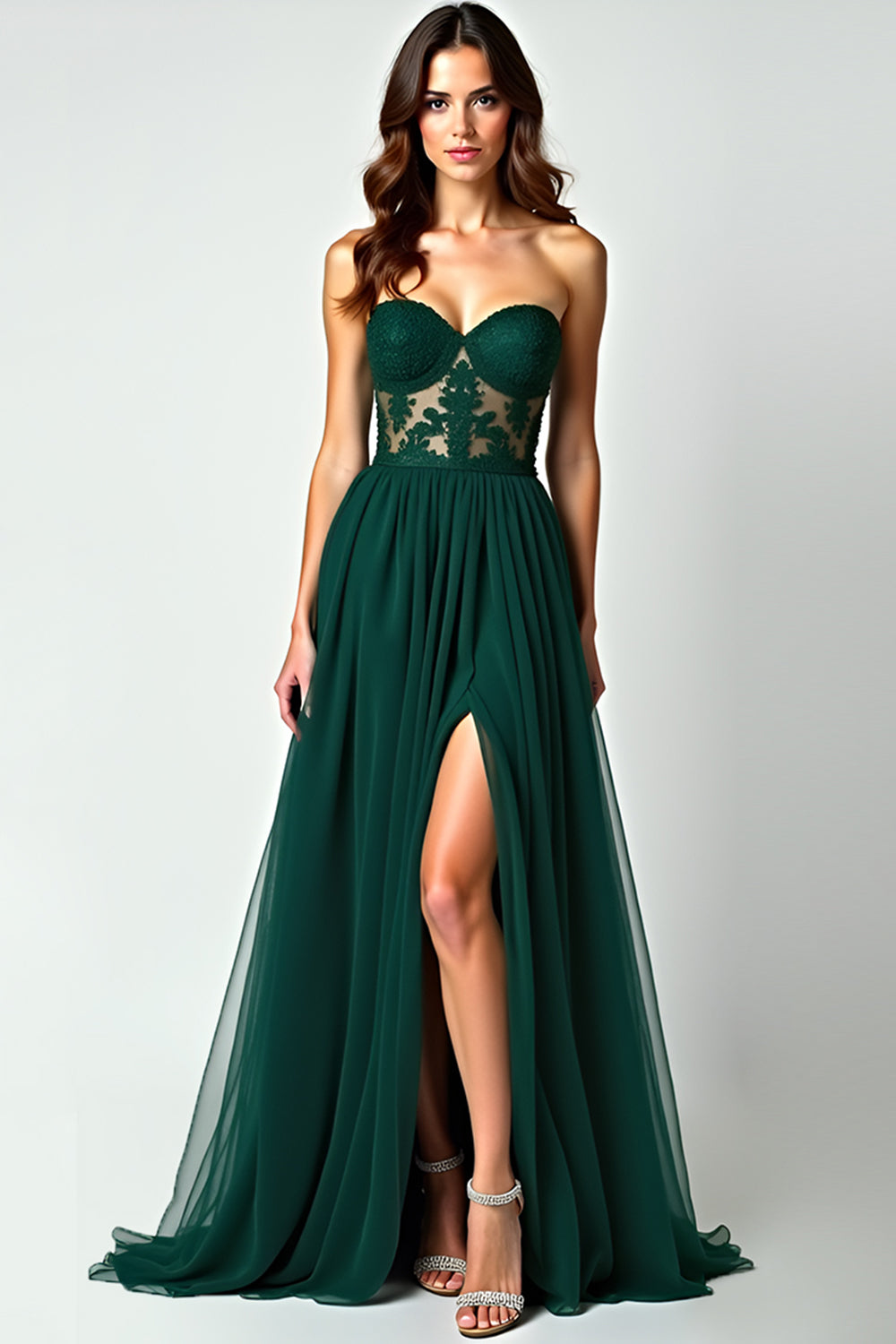 Dark Green Corset A Line Strapless Appliqued Long Prom Dress with Slit