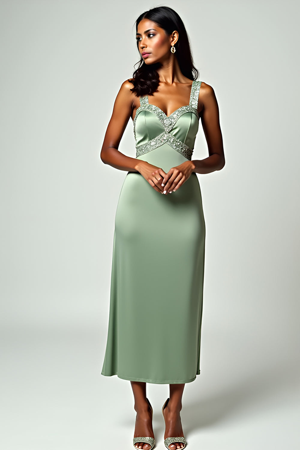 Sparkly Dusty Sage Column Satin Long Formal Dress with Beading