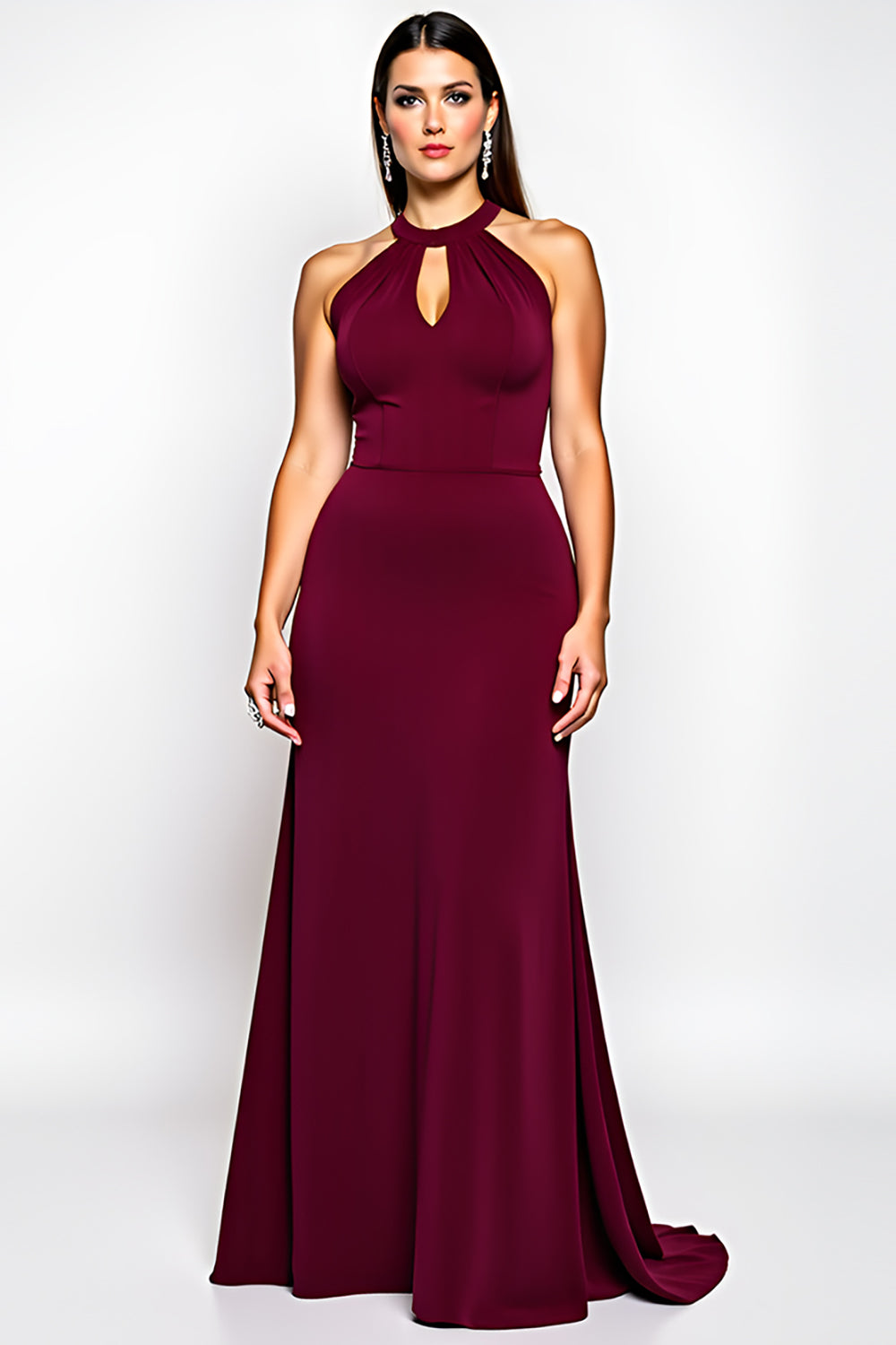 Halter Burgundy A Line Chiffon Keyhole Long Formal Dress